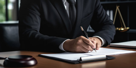 Proficient Businessman Signs Financial Agreement, Sitting at a Black Table with Pen in Hand, Amongst Paperwork and Professional Office Backgroundの素材