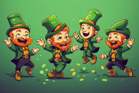 Cheerful Cartoon Leprechaun Celebrating St. Patricks Day with a Cute Shamrock Hat: Lucky Irish Man in Green Costumeの素材