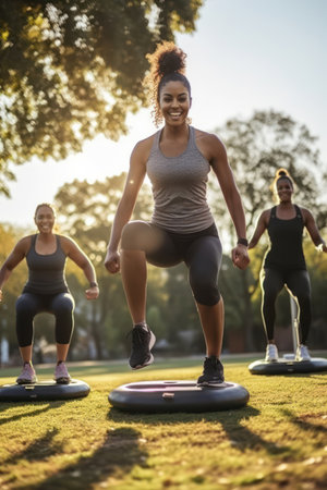 Active young caucasian women in sportswear attending fitness class, showcasing strength and flexibility on gym floor: "Fitness Bond: Strong, Happy, and Healthy Together.の素材