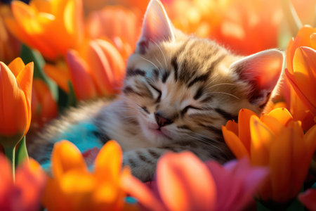 Adorable Cat Resting in a Beautiful Green Garden, Surrounded by Spring Flowers and Basking in the Sunshineの素材