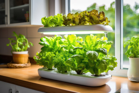 Green Leafy Goodness: Fresh, Organic Vegetables Growing in a Modern Indoor Hydroponic Gardenの素材