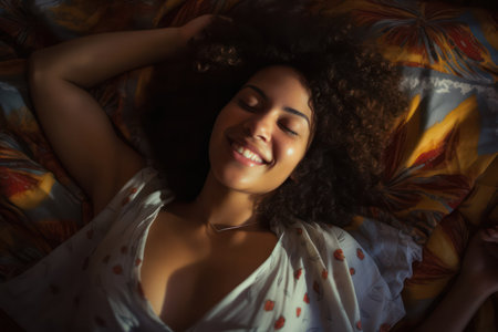 Morning Bliss: A Serene Caucasian Woman Resting Comfortably on a White Bed in a Bright Bedroom, Embodying Beauty and Relaxation.の素材