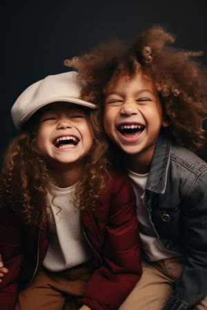 Innocence and Love: Two Cute Sisters Embracing in a Park Backgroundの素材