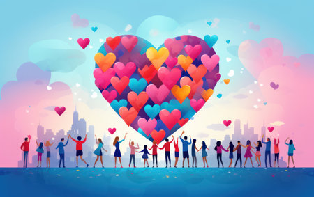 Love Heart Valentine: Happy Celebration of Romance - Romantic Illustration on Colorful Abstract Background.の素材