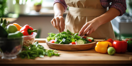 Fresh Healthy Salad: A Chefs Delicious Preparation of Vegetables and Ingredients on Kitchen Table, with a Red Tomato, Lettuce and Green Cucumber in a Tasty Bowl.の素材