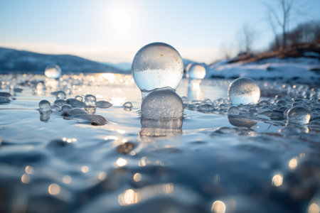 Crystal Clear Waters: A Stunning Blue Ball of Beauty and Serenity, Embraced by the Magical Sunset on a Transparent Backgroundの素材