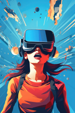 Virtual Reality Game: Futuristic Female Excitedly Playing in the Digital Night with Modern VR Headsetの素材