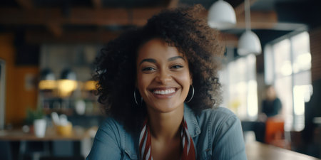 Happy African-American Woman with Curly Hair Sitting at Home, Smiling and Looking at the Camera - Portrait of Attractive Young Female Enjoying the Modern Lifestyleの素材
