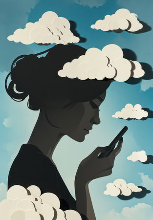 Retro Lady Using Vintage Smartphone in Pop Art Cartoon Style Illustration on Modern Backgroundの素材