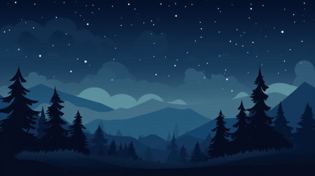 Starry Night: Enchanting Moonlit Landscape of Dark Pine Forest and Majestic Mountains against a Serene Blue Skyの素材