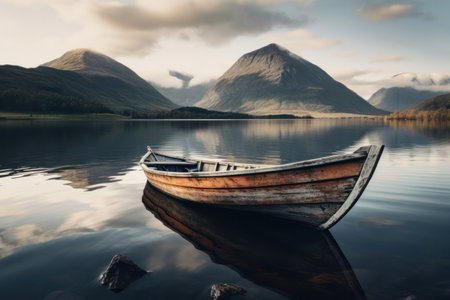 Majestic Mountain Reflection: Beauty of Scandinavian Nordic Landscape with Tranquil Blue Fjord and Peaceful Green Hills in Norways Northerly Scenery.の素材