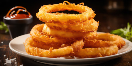Delicious, Crispy Fried Onion Rings on Golden Background.の素材