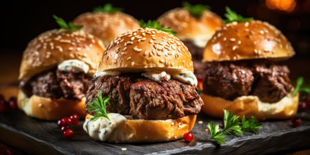 Delicious Gourmet Cheeseburger - Juicy, Flavorful, and Irresistible Fast Food on a Rustic Wooden Tableの素材