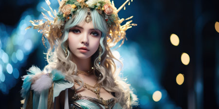 Enchanting Girl: A Whimsical Portrait of a Young Woman in a Fantasy Floral Dress, Wearing a Fairy Wreath, amid a Magical Spring Nature with a White Background.の素材