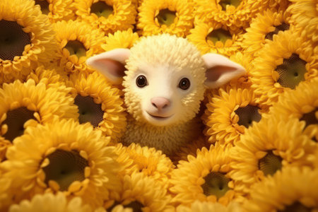 Cute White Sheep Grazing on Green Meadow, Happy and Fluffy, Surrounded by Beautiful Spring Flowers, in Rural Countrysideの素材