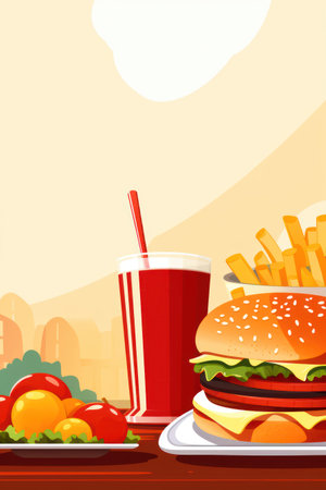 Tasty Hamburger Set: Delicious Fast Food Illustration with Cheese, Meat, and Fries on White Backgroundの素材