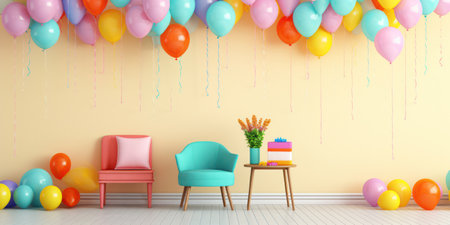 Colorful Celebration: A Joyful Birthday Party with Balloons, Fun, and Happiness on a Pastel Backgroundの素材