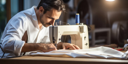Designing and Sewing: A Handsome Caucasian Man Creating Stylish Handmade Crafts in his Workshopの素材