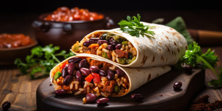 Delicious Mexican Tortilla Wrap with Fresh Vegetables and Spicy Salsa: A Gourmet Delight on a Wooden Background.の素材