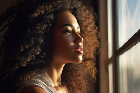 Captivating Afro-American Woman with Pretty Curly Hair, Exuding Confidence and Positive Vibes, Posing Outdoors against Modern City Wall with Copy Spaceの素材