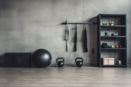 Weightlifting: Strong Emotions on Gym Floor with Heavy Dumbbells, Barbells, and Kettlebells on Black Iron Backgroundの素材