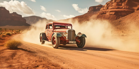 Retro Revival: Beautiful Vintage Car on Desert Road, Evoking Nostalgia and Embracing Classic American Automotive Styleの素材