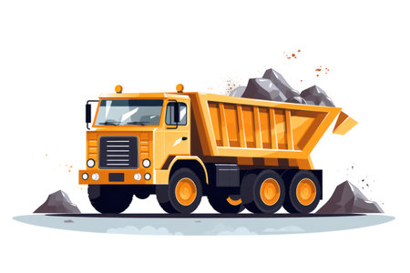 Yellow Dump Truck: Heavy Machinery in Industrial Construction Site.の素材