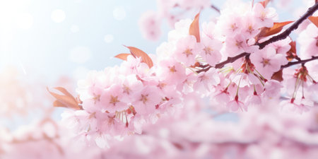Blossoming Cherry Tree: A Delicate Pink Beauty in Nature, Embracing the Springtime Freshness with Fragile Petals and Soft White Buds against a Blue Sky Backgroundの素材