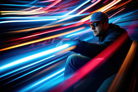 Stylish Young Caucasian Male Model with Dark and Light Sunglasses, Posing in Urban Neon Night - Attractive and Seriousの素材