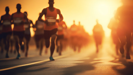 Marathon Runner: Energized Motion in City Streets, Asian Male Jogger Training for Fitness and Endurance in Red Workout Clothesの素材