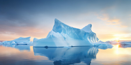 Arctic Beauty: A Serene Winter Wonderland, with Icebergs Floating in the Icy Blue Waters of the Polar Ocean, Creating a Stunning Reflection of the Majestic Glacier and Snow-covered Mountains in the Panoramic Landscape of the Arctic Wilderness.の素材