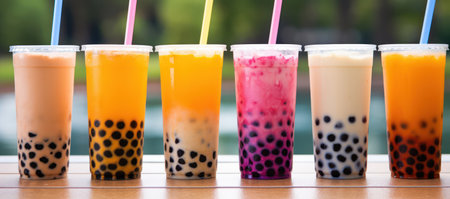 Fruity Bubble Tea Delight: A Refreshing Blend of Colorful Tapioca Balls and Fresh Fruit Juice Mixed in a Milky, Sweet, and Cold Beverage.の素材