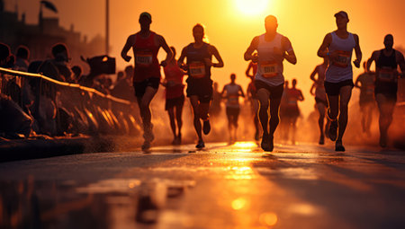 Endurance in Motion: Red Challenge, Asian Marathon Runner Racing on Crowded Street in a Fitness Competitionの素材