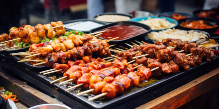 Delicious Street Barbecue: A Closeup of Traditional Asian Grill Cuisine with Tasty Pork Skewers and Smoky Thai Sauce on a Charcoal Fire Backgroundの素材