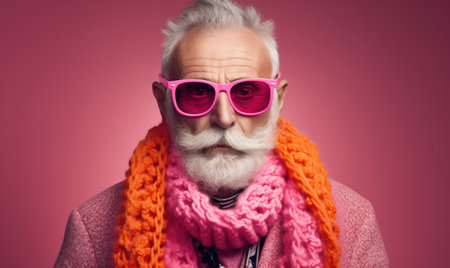 Elderly, stylish man with a modern beard and trendy grey hair, confidently posing in a closeup portrait.の素材