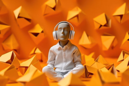 Melodious Rhythm: A Modern Portrait of a Young Girl Listening to Music with Wireless Headphones in a Beautiful Parkの素材