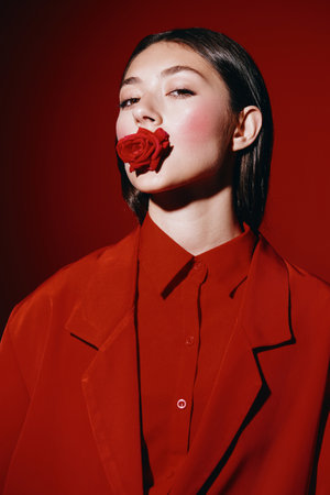 Attractive Young Woman with Fashionable Make-up Posing in Neon Studio, Beautifully Holding Her Long Brunette Hair, against Bright Purple Backgroundの写真素材