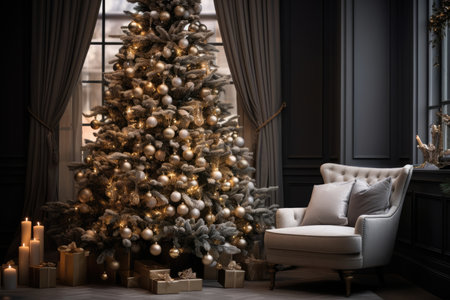 Living winter christmas holiday tree interior gift home background fireplace design room decoratedの素材