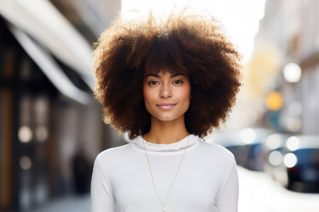 Curly-haired Afro-American Woman with Confident Expression, Standing Outdoors in Urban City Spaceの素材