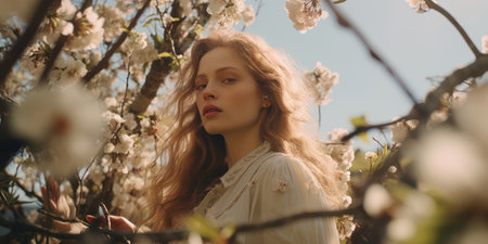 Natural Beauty: A Young Female Model Embracing the Serenity of Spring in a Blossoming Gardenの素材