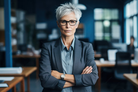 Confident Mature Businesswoman in Corporate Office: Successful CEO Lady with Professional Look and Attractive Portrait, Standing with Crossed Arms.