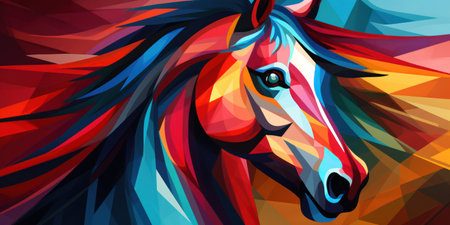 Wild Beauty: A Colourful Pop Art Illustration of a Horses Head in a Rural Field with a Rainbow Backgroundの素材