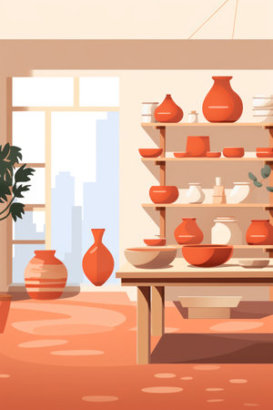 Modern Interior Design: Illustration of a Cozy Flat Room with Stylish Furniture and Artistic Decor on Empty Backgroundの素材