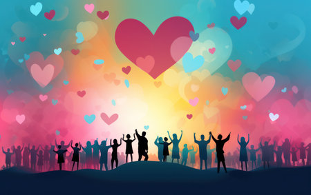 Love Celebration: Happy Hearts Together, Hand in Hand - A Red Symbol of Friendship and Supportの素材