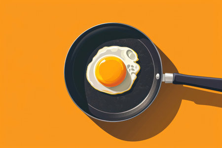 Sumptuous Breakfast: A Delicious and Healthy Egg Fry in a Yellow Pan on a Fresh White Table in a Rustic Kitchen.の素材