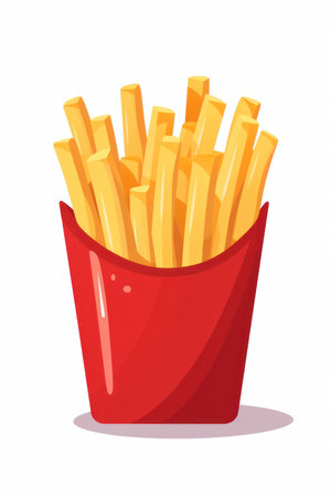 Delicious French Fries: Tasty, Unhealthy Snack Illustration with Cartoon Icon and Red Fast Food Boxの素材