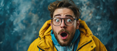 Surprised young man with beard and glasses expressing amazement, joy, and astonishment on white backgroundの素材
