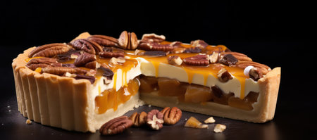 Delicious Homemade Sweet Slice of Cake on Caramel Pastry Backgroundの素材