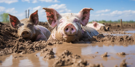 Muddy Piglet: A Cute, Dirty, and Happy Baby Pig with a Pink Snout in a Small Group of Domestic Farm Animals, in a Green Outdoors Field Barnの素材