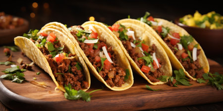 Spicy Mexican Taco Bowl with Delicious Beef, Fresh Corn, and Tasty Salsa on a Crunchy Tortilla Shell: A Mouthwatering Fiesta of Flavors on a Vibrant Green Background.の素材